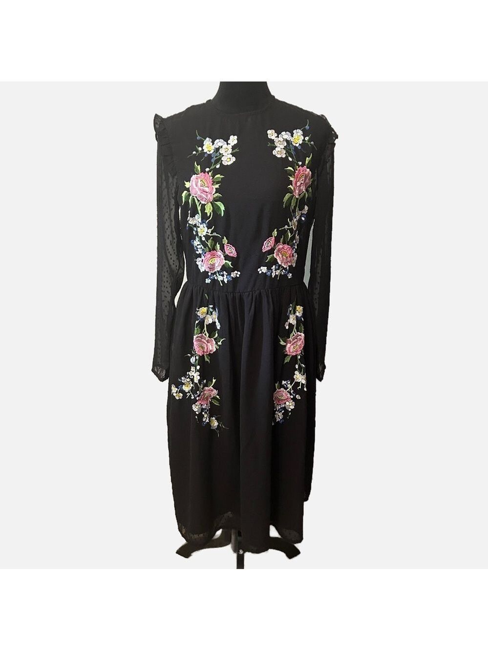 ASOS Midi Embroidered Chiffon Dress 8 Sheer Eyelet  Whimsy Black Fairytale